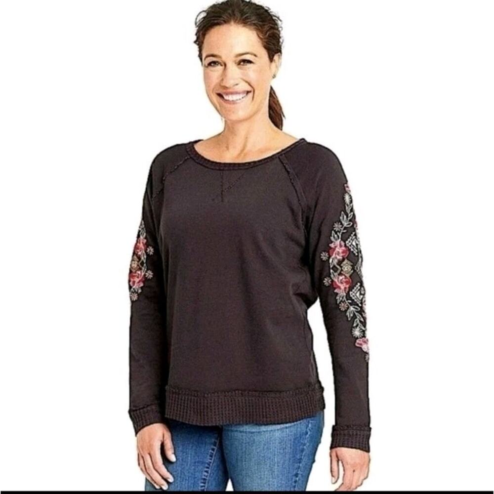 Knox Rose Embroidered Floral Boho Sleeve Sweatshirt Gray Size L Relaxed